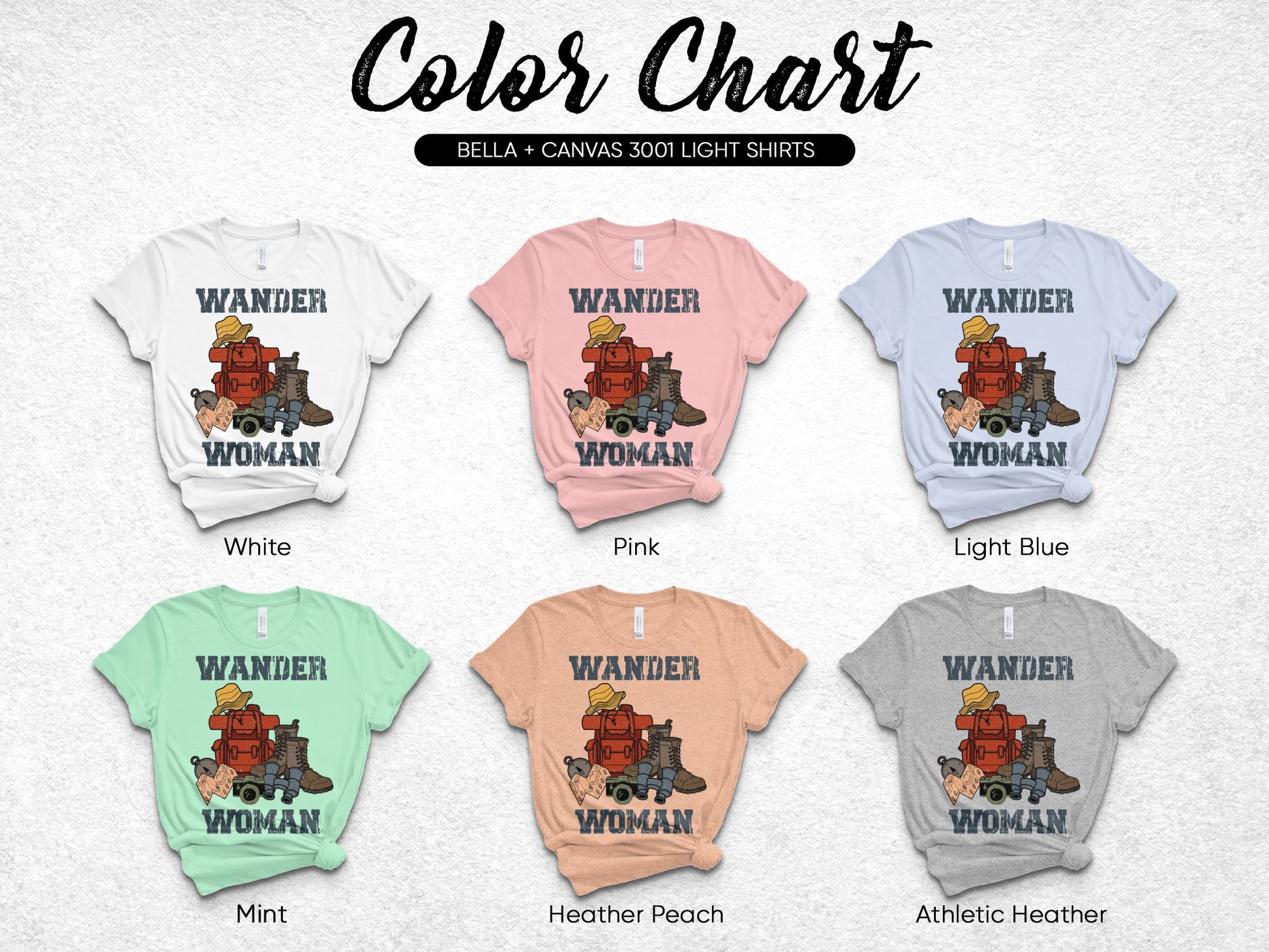 Wander Woman Graphic T-Shirt, Feminist Travel Tee, Bella Canvas 3001, Various Colors Light Pink Blue Green