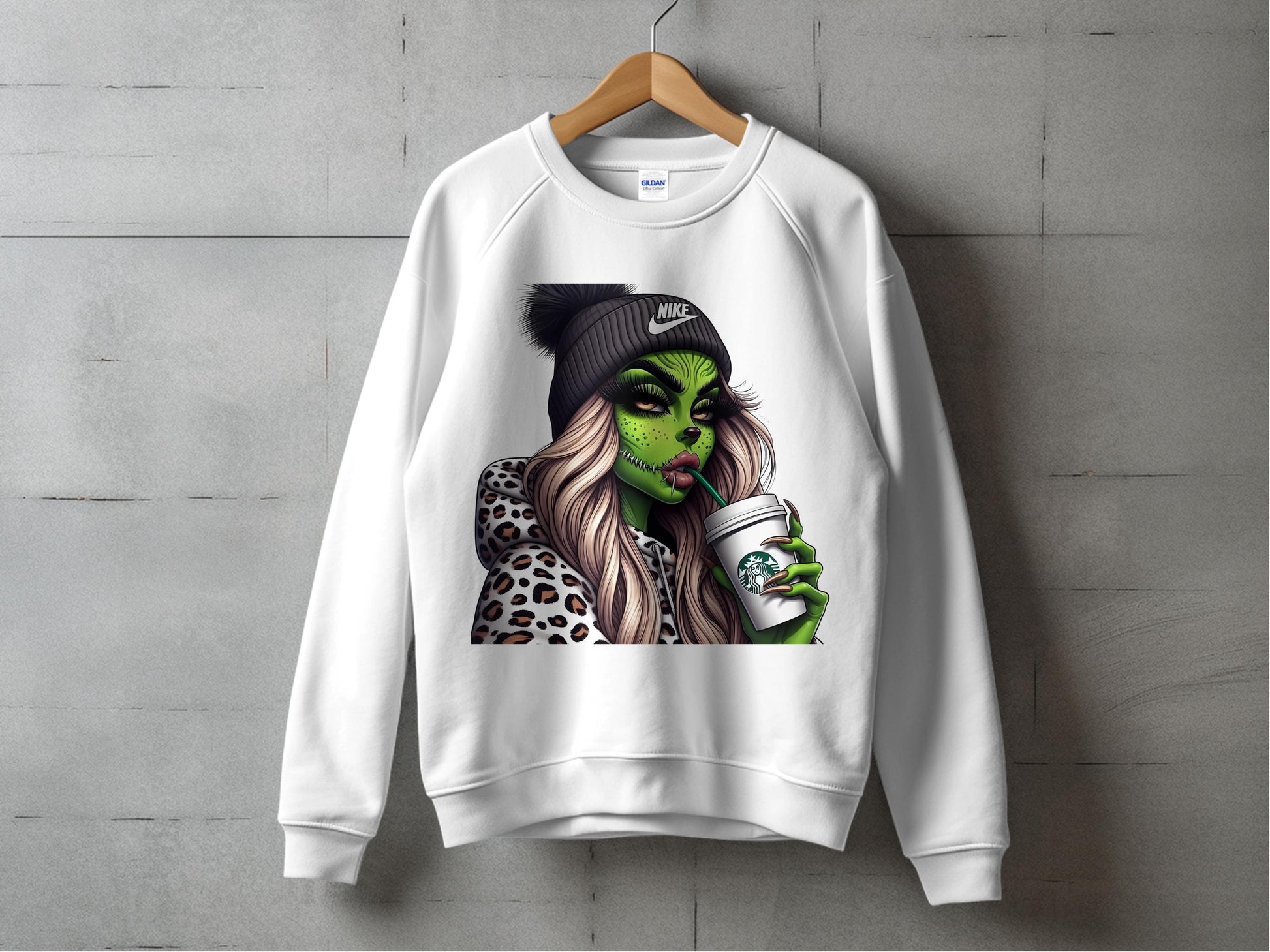 Graphic Sweatshirt with Green Witch Design, Trendy Leopard Print, Casual Unisex Pullover, Fashionable Streetwear