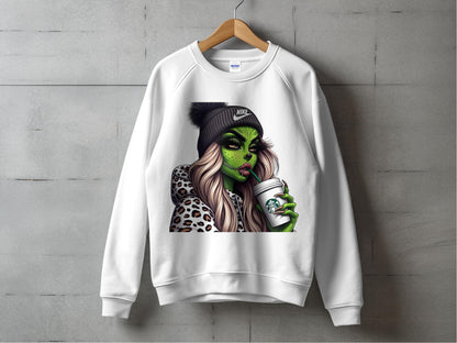 Graphic Sweatshirt with Green Witch Design, Trendy Leopard Print, Casual Unisex Pullover, Fashionable Streetwear