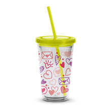 Colorful Hearts and Letters Insulated Tumbler, Travel Cup with Lid and Straw, Gift Idea
