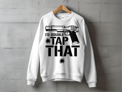 Men's White Graphic Sweatshirt - 'I'd Double Tap That' Pistol Print, Casual Streetwear Pullover, Trendy Urban Apparel