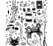 Witchcraft Supplies Vinyl Sticker Set, Black and White Magic Symbols, Potion Bottles, Cat and Mushroom Decals, Mystic Decorations