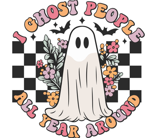 Cute Ghost and Flowers Graphic T-Shirt, Halloween Spooky Spirit, Unisex Floral Ghost Tee, Casual Fall Apparel, Checkered Background