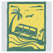 a van driving down a beach next to a palm tree