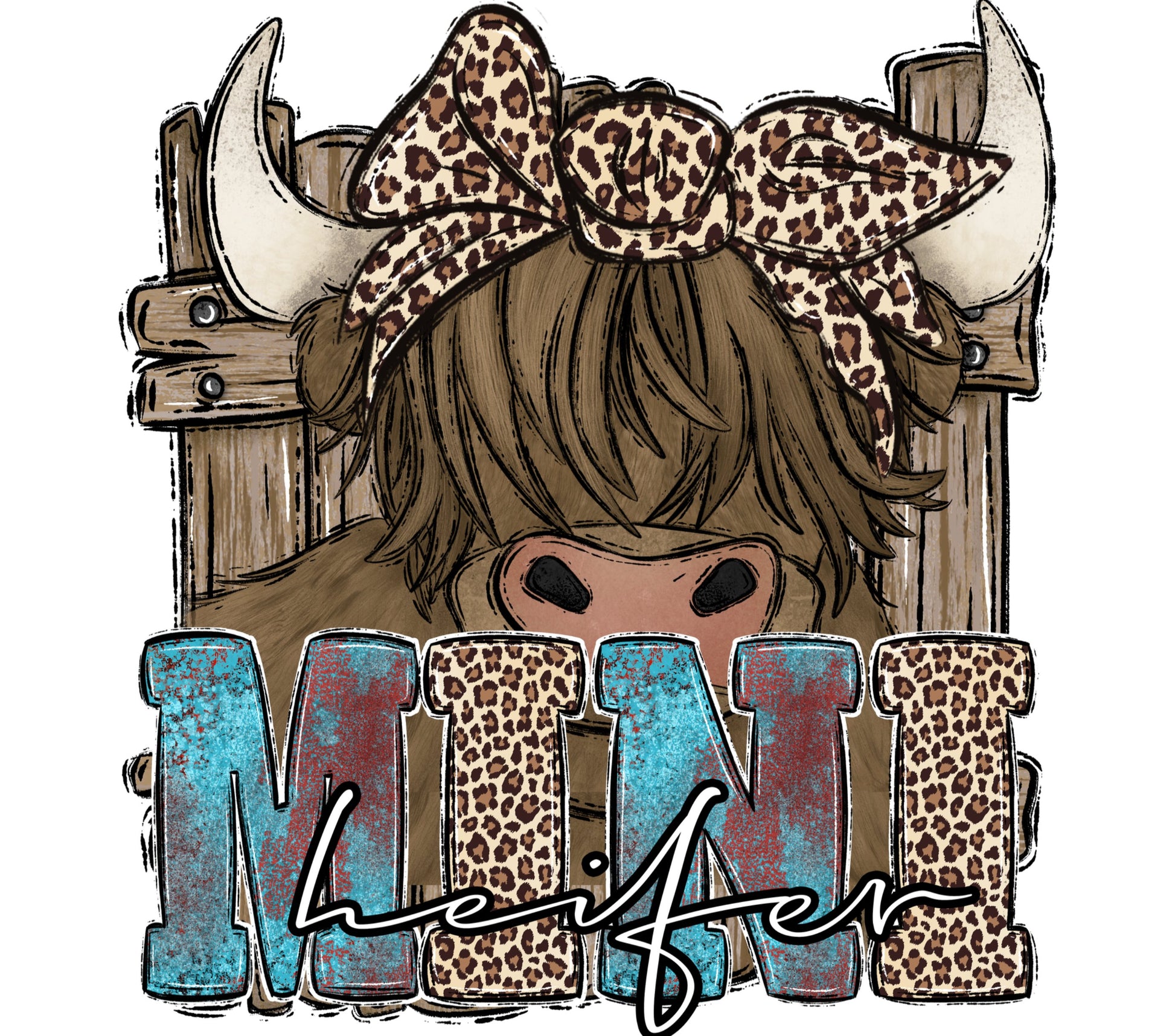 Mini AF Leopard Print Bow Cow Horns Rustic Wooden Background Kids T-Shirt Graphic