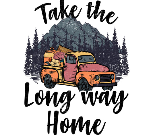 Vintage Red Truck Print, Rustic Mountain Forest Illustration, Take the Long Way Home Artwork