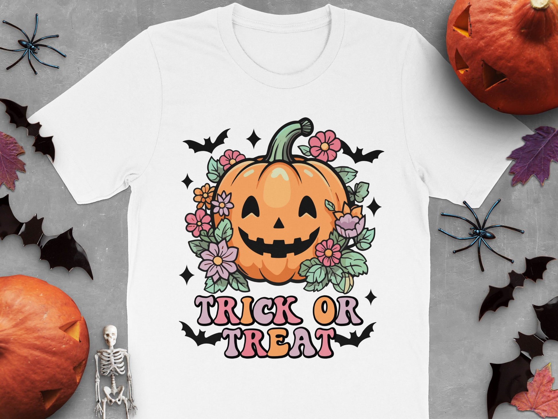 Halloween Pumpkin T-Shirt, Trick or Treat Graphic Tee, Floral Jack O'Lantern Design, Fall Festival Clothing