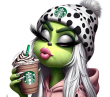 Whimsical Green Alien Sipping Coffee, Winter Hat, Starbucks Cup, Colorful Wall Art, Unique Home Decor, Gift Idea