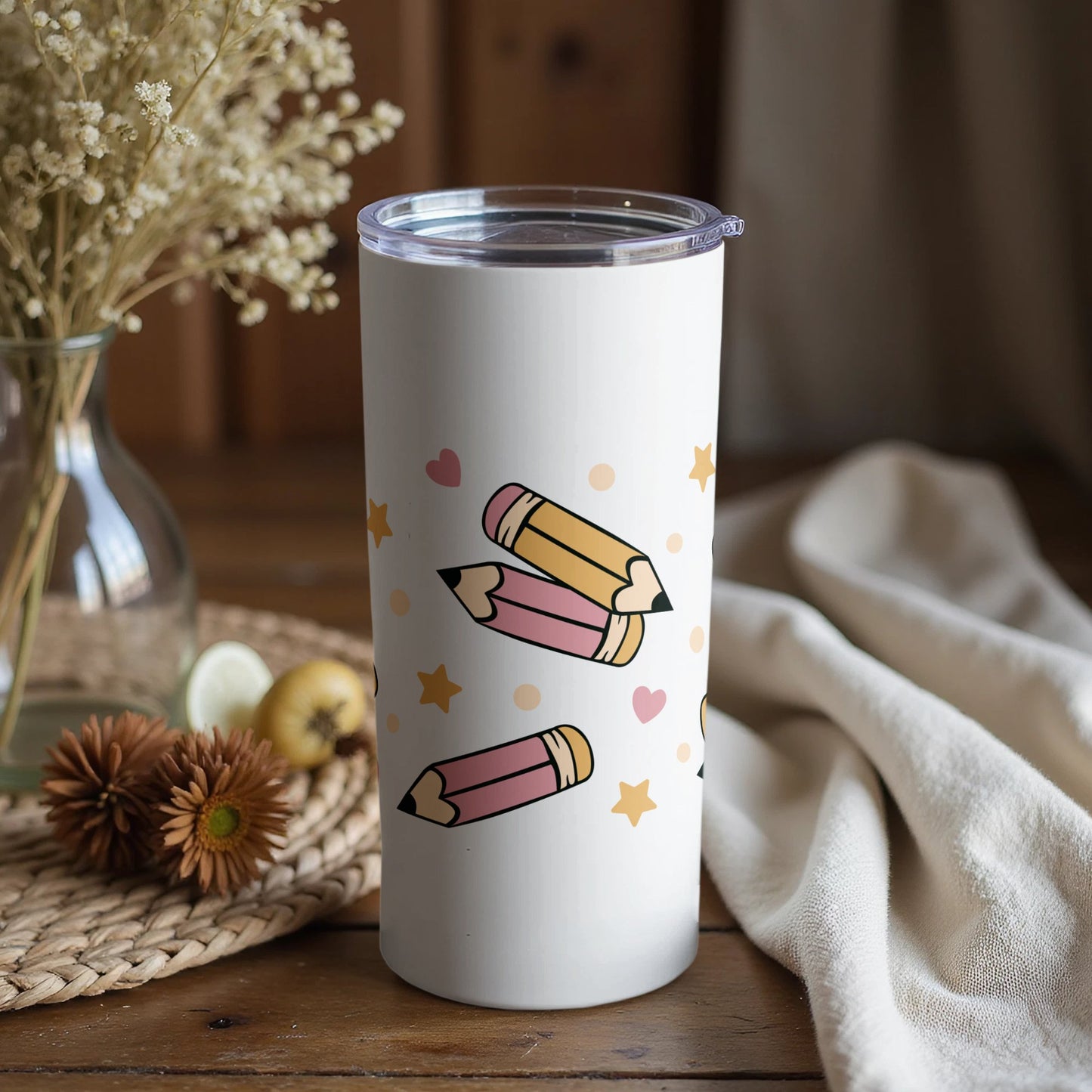 Adorable Pencils Stars Hearts Background Design 24oz UV DTF Cup Wraps | SKU: UV24027