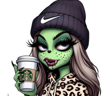 Trendy Leopard Print Hoodie Cartoon Alien Poster, Green Alien Art Print, Modern Street Style Wall Decor, Unique Coffee Lover Gift