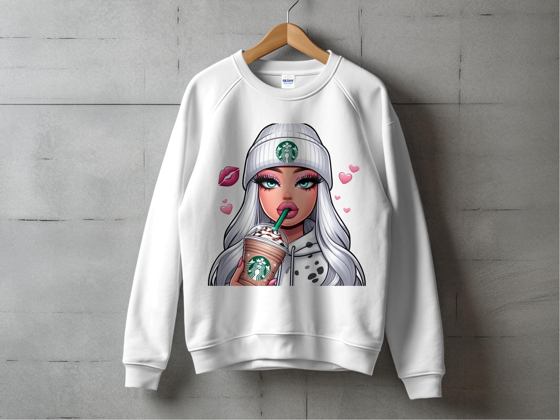 Trendy White Sweatshirt with Fashionable Cartoon Girl Holding Starbucks, Stylish Casual Wear