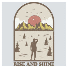 a man standing in front of a window with the words rise and shine on it