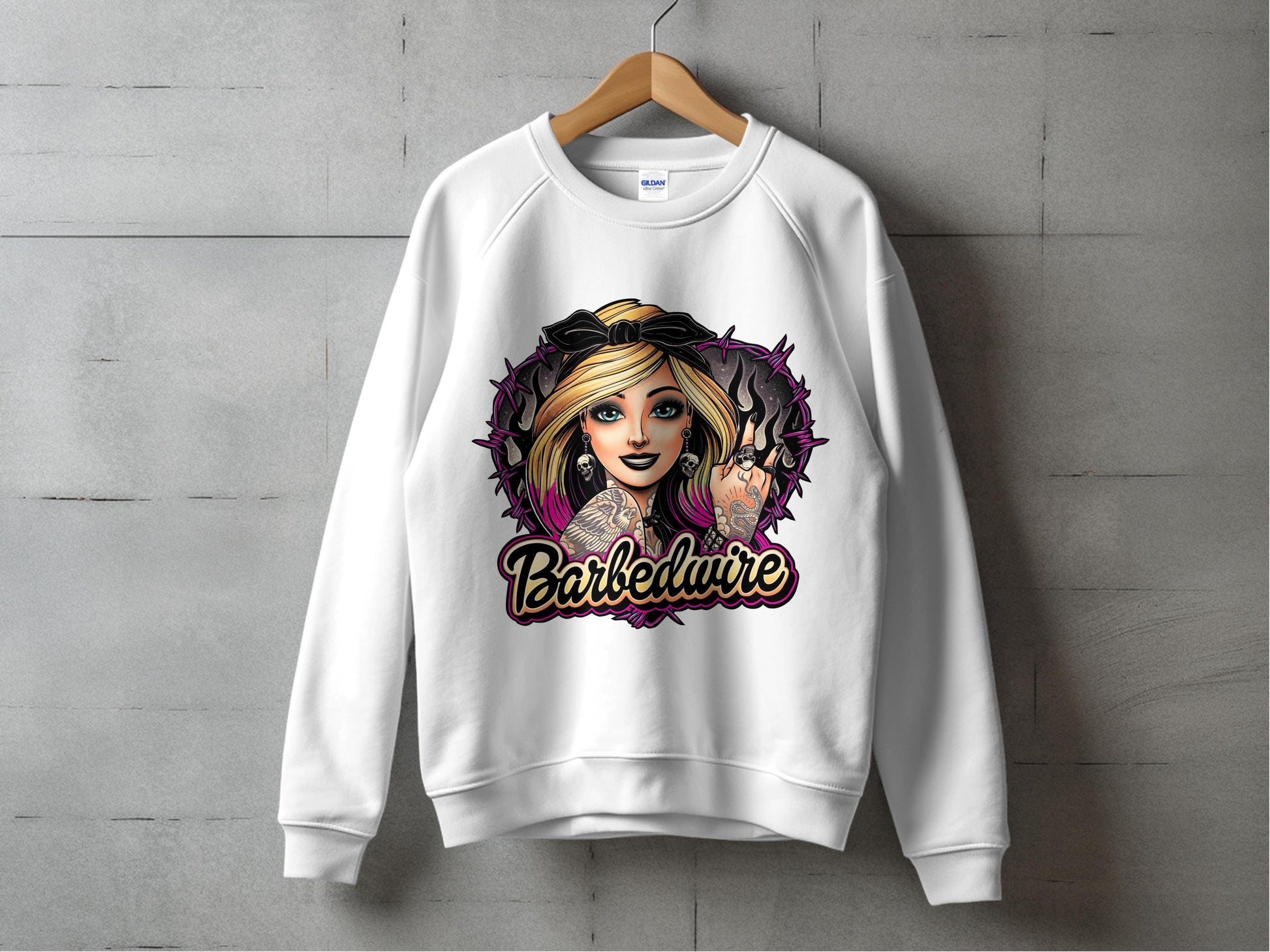 Goth Inspired Barbedwire Graphic Sweatshirt, Unisex White Pullover, Trendy Urban Streetwear Fashion