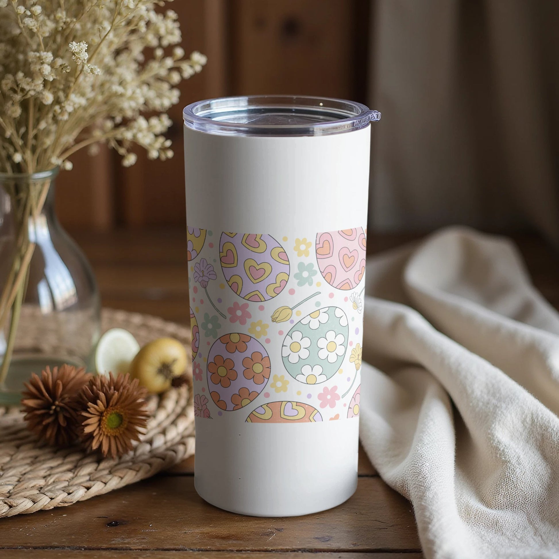 Colorful Heart and Flower Pattern Insulated Tumbler, Stainless Steel Travel Mug, Gift Idea