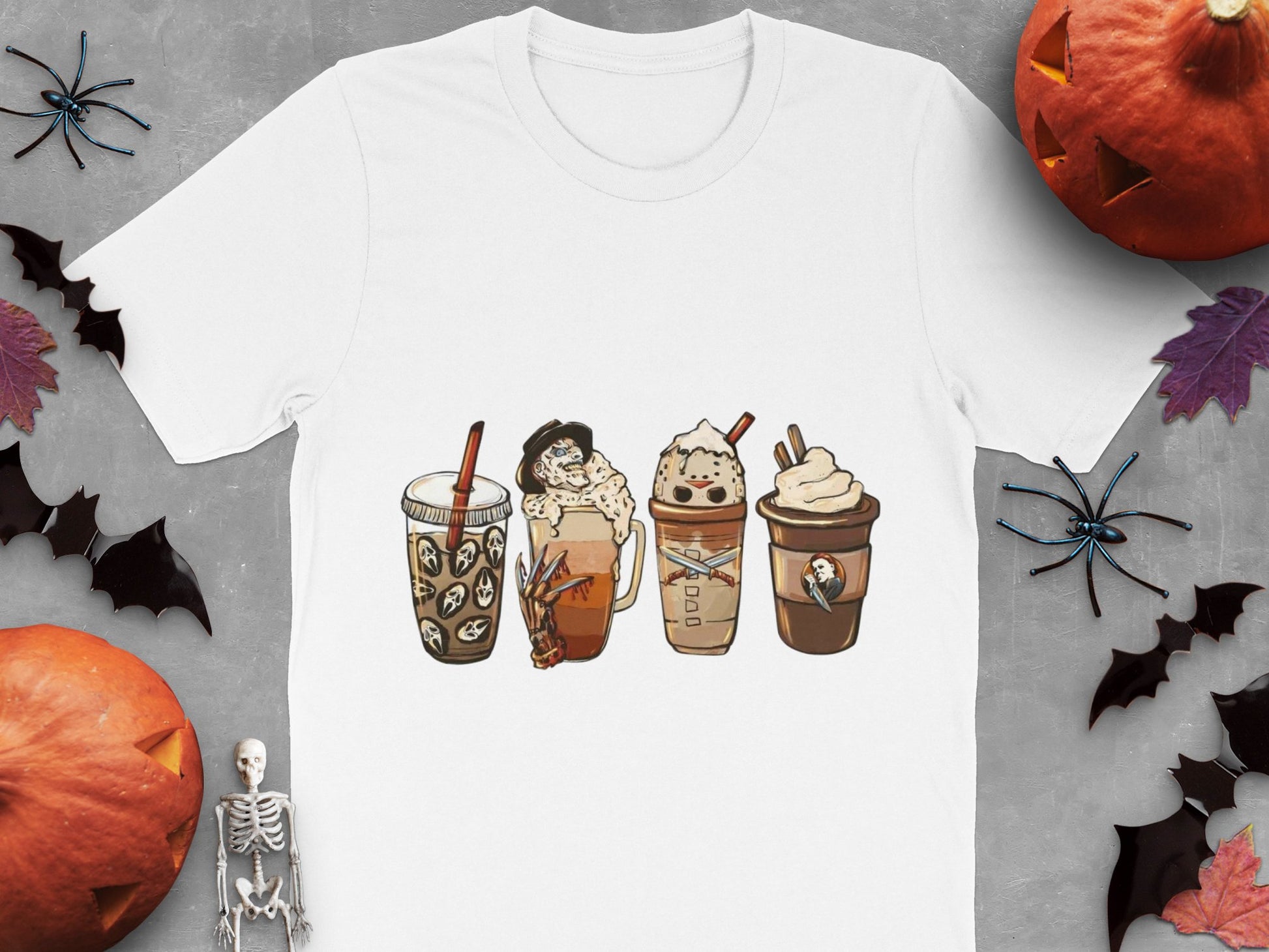 Halloween Themed T-Shirt, Cute Monsters Coffee Cups Design, Spooky Graphic Tee for Adults and Kids