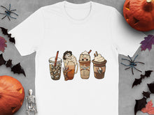 Halloween Themed T-Shirt, Cute Monsters Coffee Cups Design, Spooky Graphic Tee for Adults and Kids