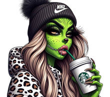 Green Monster Girl Art Print, Nike Hat, Starbucks Cup, Leopard Print Jacket Illustration