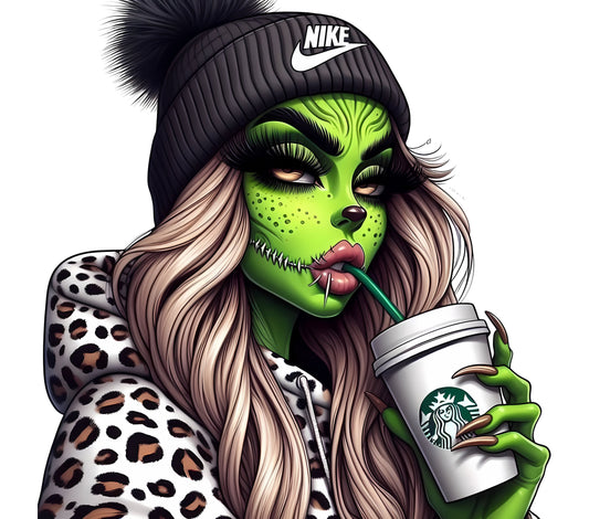 Green Monster Girl Art Print, Nike Hat, Starbucks Cup, Leopard Print Jacket Illustration
