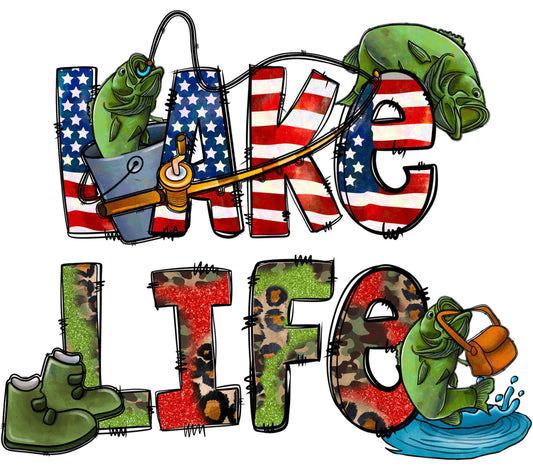 Lake Life Fishing Graphic Tee Design, American Flag Bass Fishing, Outdoor Apparel Print