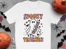 Spooky Teacher Halloween T-Shirt, Cute Ghost with Pencil, Festive Fall Apparel, Unisex White Graphic Tee for Educators and Parents