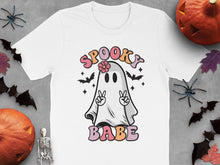 Spooky Babe Ghost T-Shirt, Cute Halloween Graphic Tee, Women's Casual Fall Fashion, Floral and Star Design