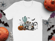 Halloween Themed T-Shirt with Cats, Pumpkins, and Graveyard, Spooky Season Apparel