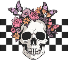 Gothic Skull and Flowers Art, Butterfly Floral Print, Checkerboard Background, Wall Decor, Unique Illustration