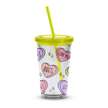 Reusable Insulated Tumbler with Lid and Straw, Love You Hugs Hearts Design, Colorful Romantic Drinkware Gift
