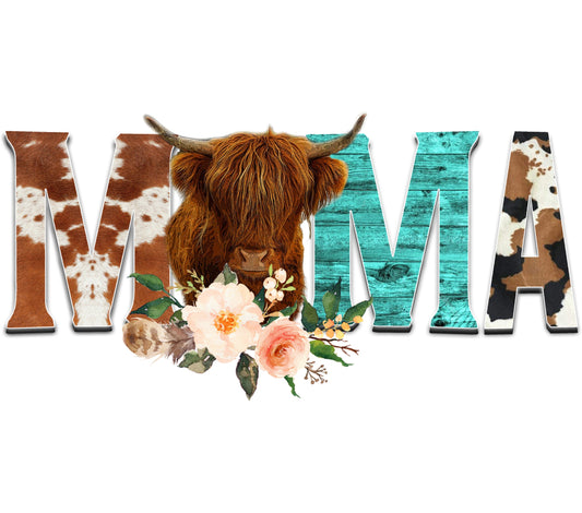 Rustic Farmhouse Wall Decor, Highland Cow Floral Print, Turquoise Wood Textured Art