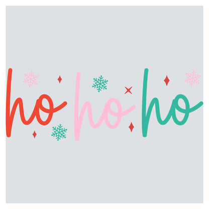 the word ho ho written in red, green, and pink