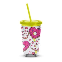 Cute Donut Pattern Tumbler Cup with Straw, Pink Hearts Insulated Travel Mug, Colorful Beverage Holder