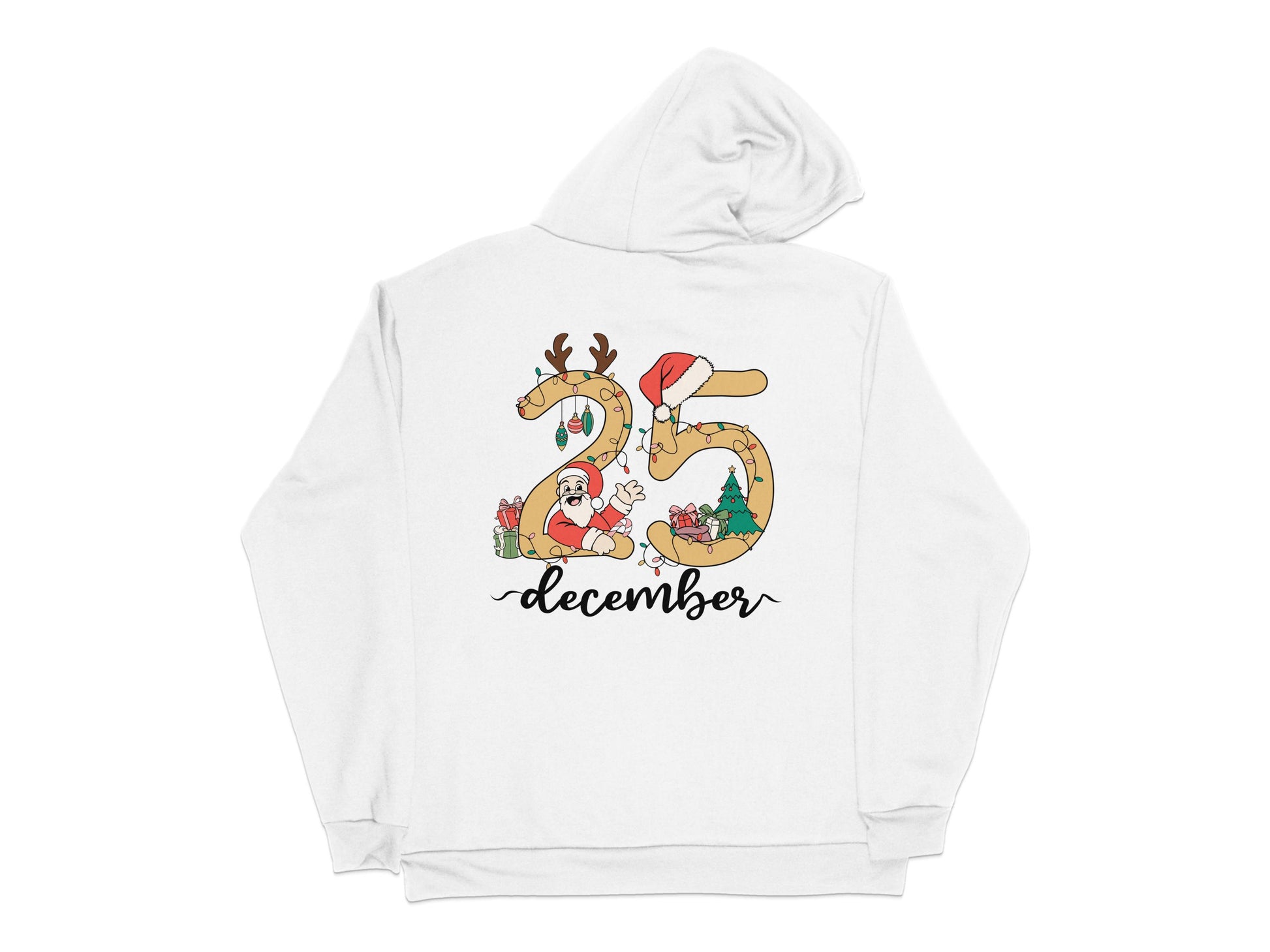 December Holiday Hoodie with Santa Claus and Reindeer, Christmas Themed Sweatshirt, Festive Winter Apparel