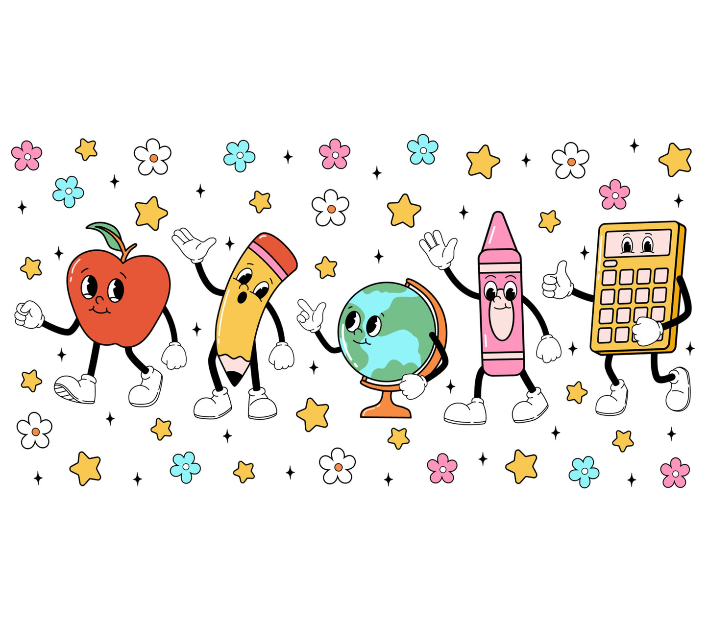 Colorful Cartoon School Supplies Wall Art, Cute Animated Stationery Characters, Kids Room Decor, Educational Poster, Playroom Artwork