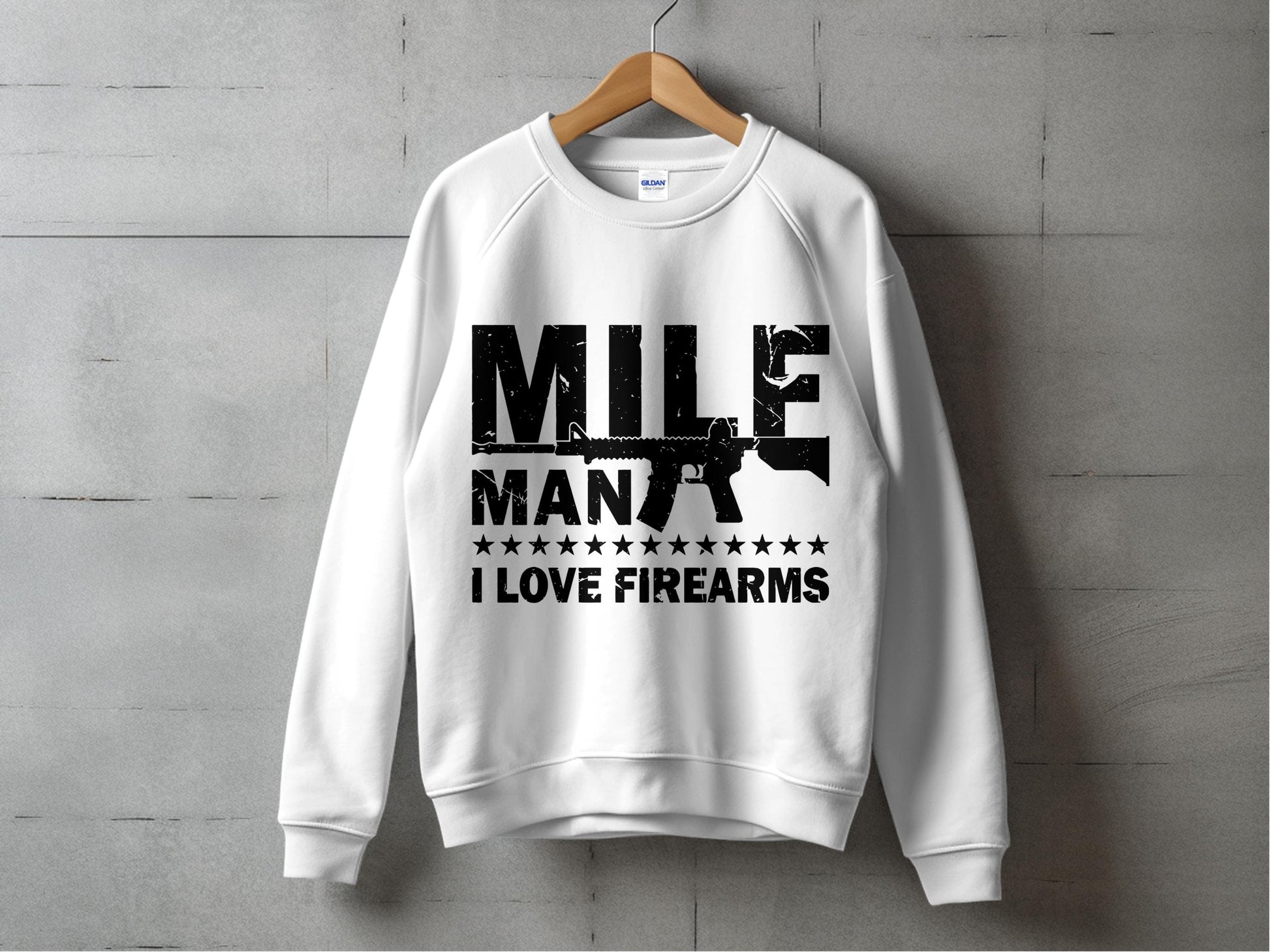 Men's White Sweatshirt with Rifle Graphic 'MILF Man I Love Firearms' Casual Pullover Top