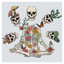 a skeleton sitting in the middle of a group of flowers and butterflies