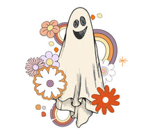 Cute Ghost with Flowers and Rainbow Art Print, Whimsical Halloween Wall Decor, Colorful Nursery Poster