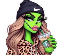Green Monster Face Art, Trendy Leopard Print, Stylish Beanie, Cool Drink Graphic