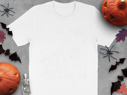 Halloween Themed White T-Shirt with Spooky Graphics, Unisex Adult Casual Wear