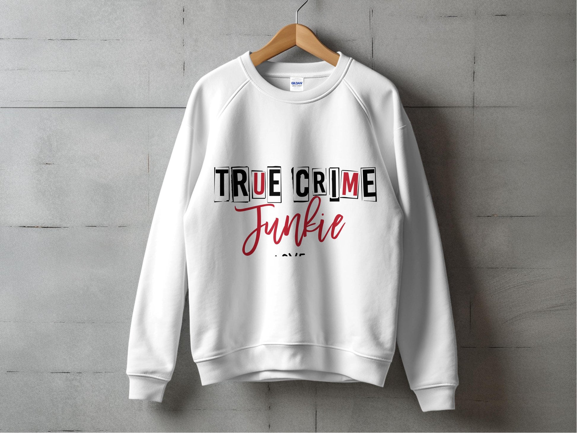 True Crime Junkie White Sweatshirt, Unisex Graphic Pullover, Casual Comfortable Long Sleeve Top