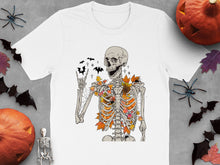 Halloween Skeleton T-Shirt, Men's Women's Fall Graphic Tee, Spooky Autumn Apparel, Bat and Leaf Design