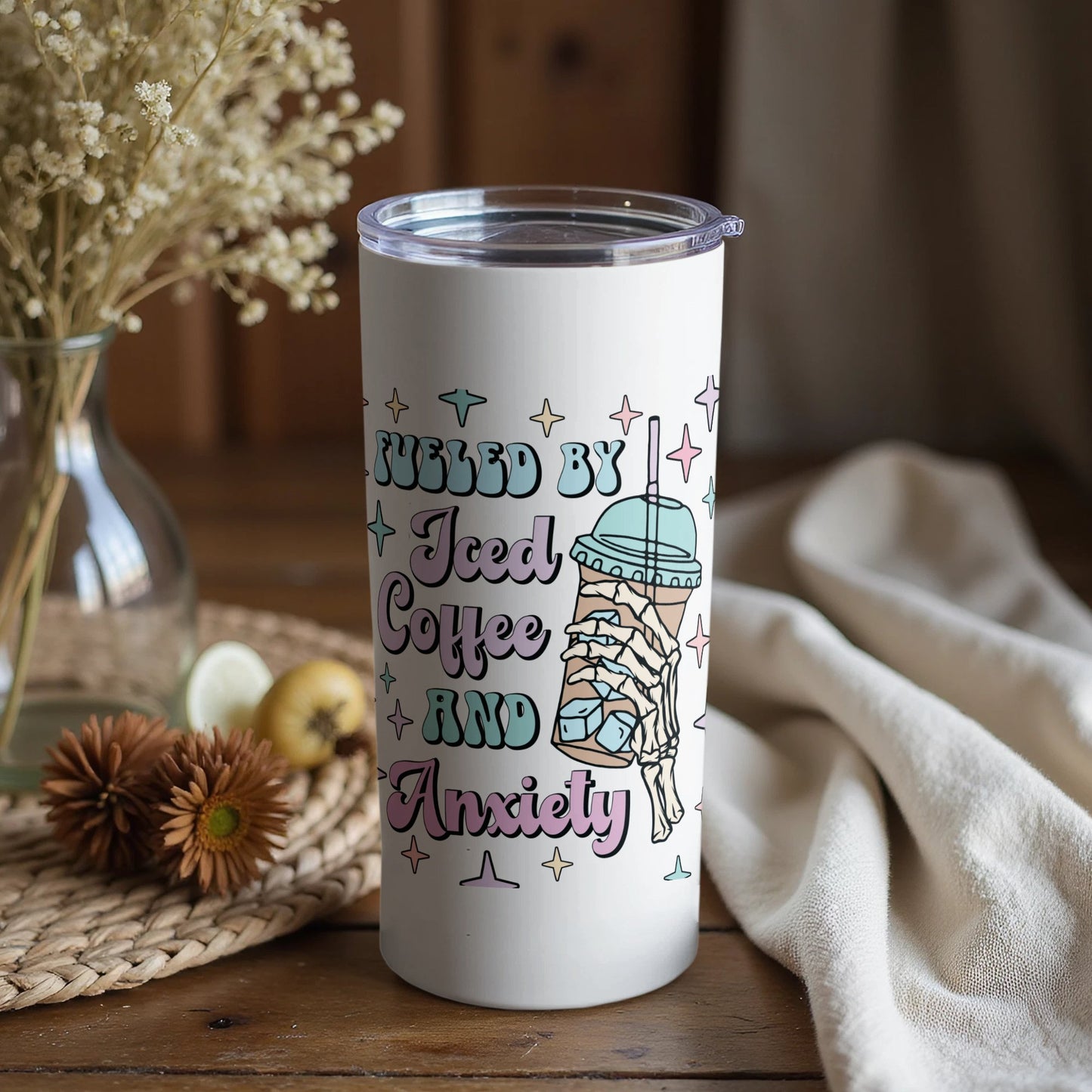 Insulated Coffee Tumbler, White Travel Mug, Iced Coffee and Anxiety Graphic, Cute Gift Idea