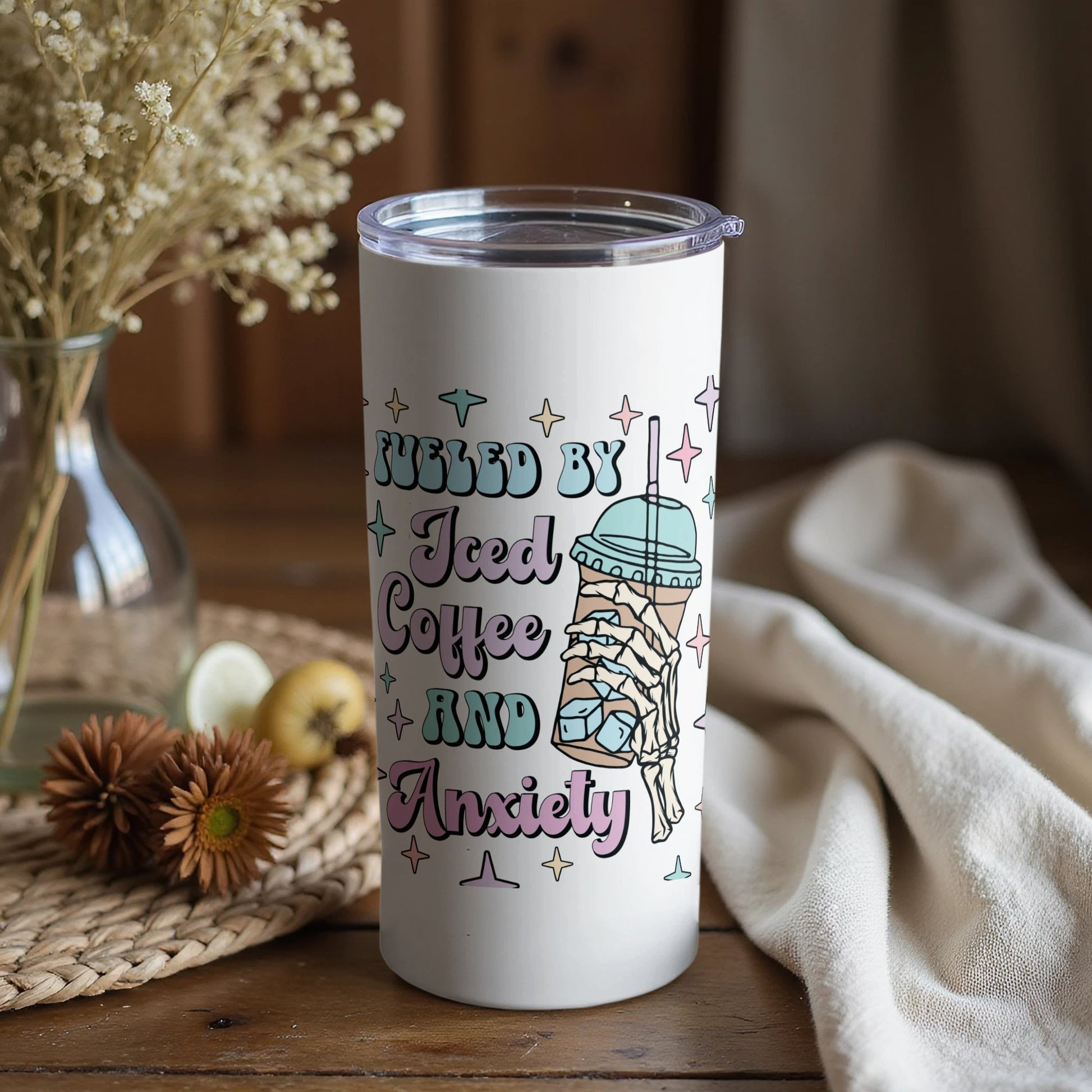 Insulated Coffee Tumbler, White Travel Mug, Iced Coffee and Anxiety Graphic, Cute Gift Idea