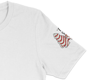 White T-Shirt with Red Striped Rocket Graphic, Unisex Casual Rocket Tee, Trendy Space Design Shirt