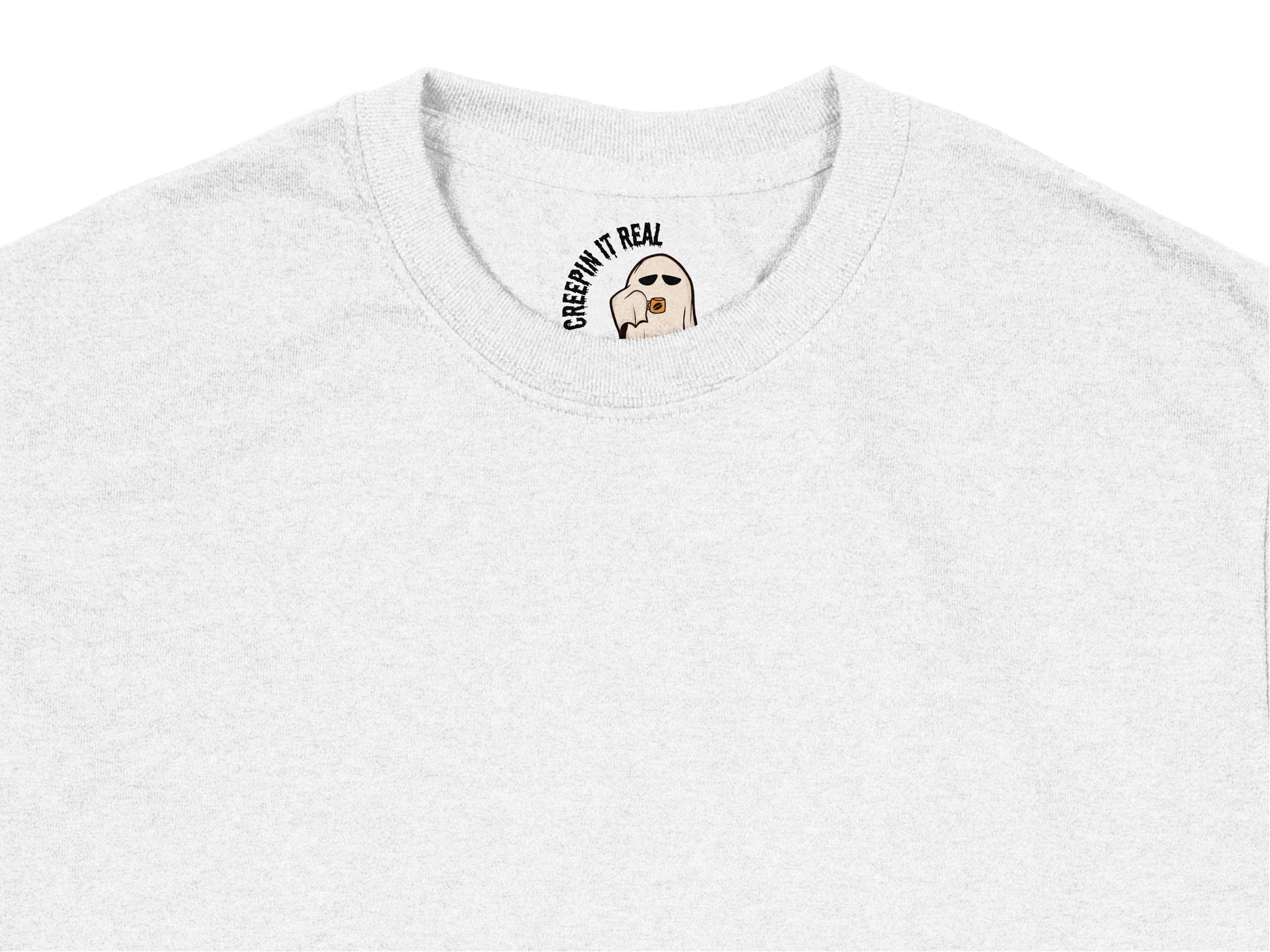 White T-Shirt with Cute Ghost Graphic, Funny 'Creep it Real' Quote, Casual Unisex Apparel