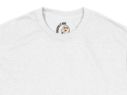 White T-Shirt with Cute Ghost Graphic, Funny 'Creep it Real' Quote, Casual Unisex Apparel