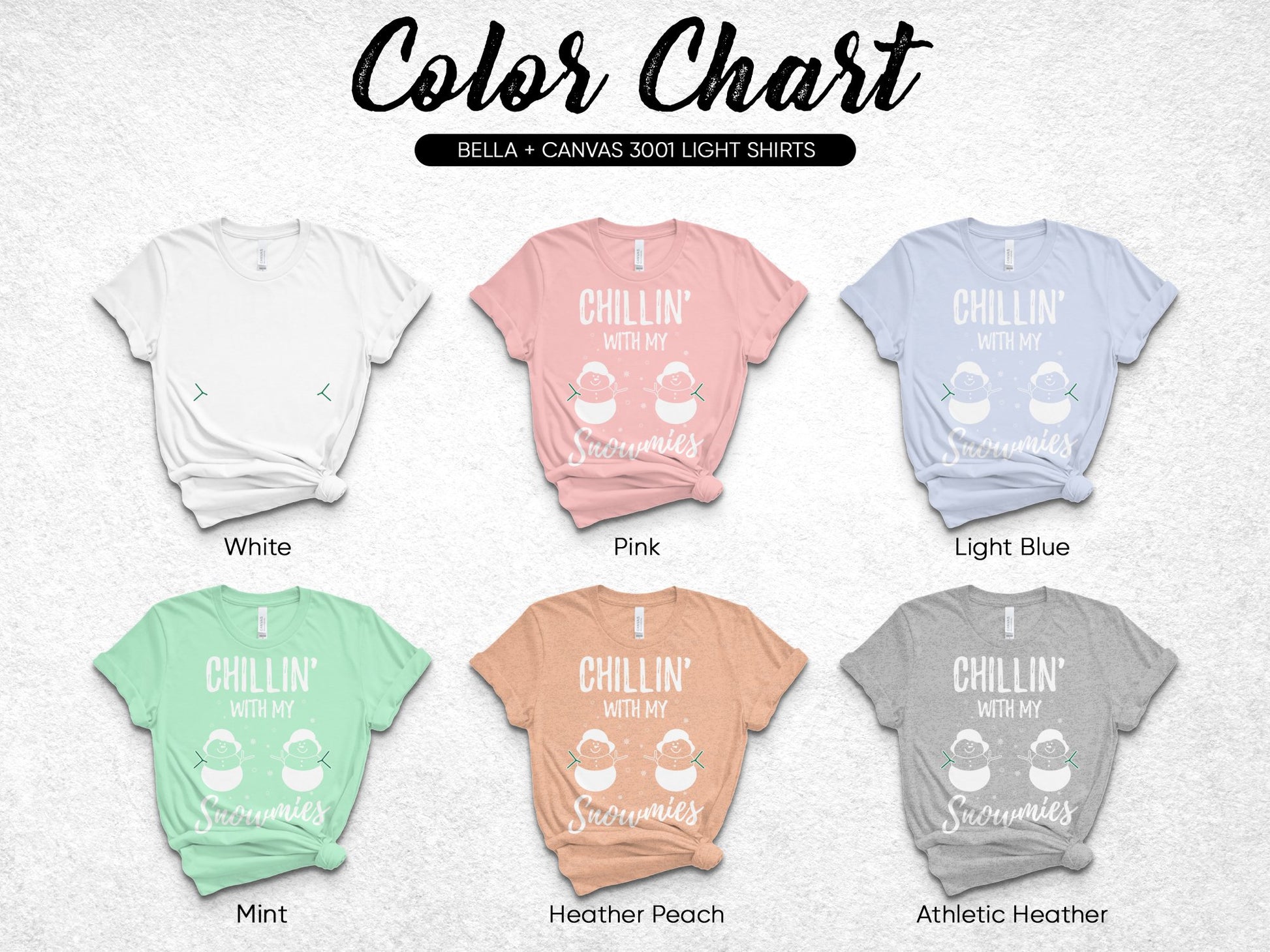 Bella Canvas 3001 Light T-Shirts Color Chart, White, Pink, Blue, Mint, Peach