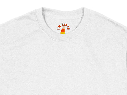 White T-Shirt with Small Candy Corn 'I'm Just Here for the Candy' Embroidery, Halloween Casual Wear
