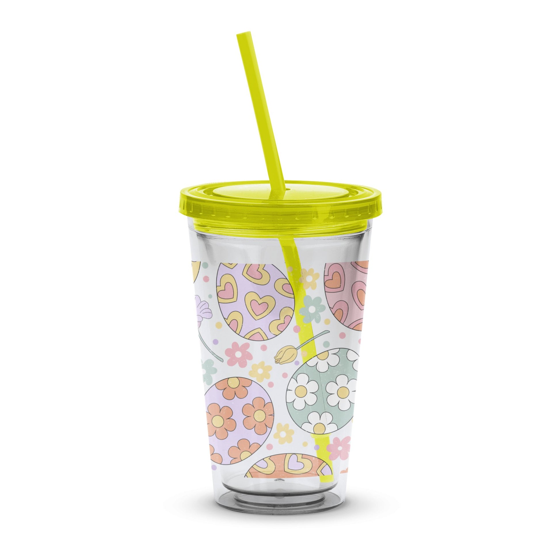 Colorful Floral and Heart Pattern Tumbler with Yellow Lid and Straw, Insulated Drinkware, Gift Idea