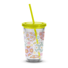 Colorful Floral and Heart Pattern Tumbler with Yellow Lid and Straw, Insulated Drinkware, Gift Idea