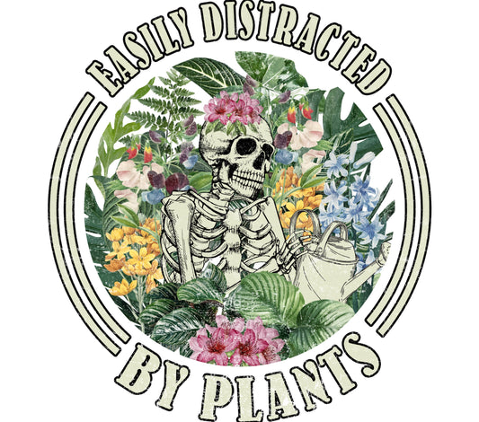 Vintage Skeleton Floral Print T-Shirt, Easily Distracted by Plants Graphic Tee, Botanical Garden Lover Gift